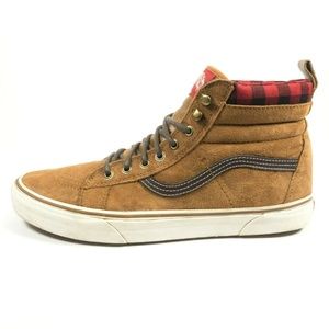 Vans SK8 Hi MTE Brown Leather Red Plaid Skate Shoe